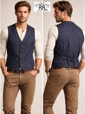 RRL Double RL Ralph Lauren Indigo Twill Vest XL NWT Wool Linen Cotton Cinch Back